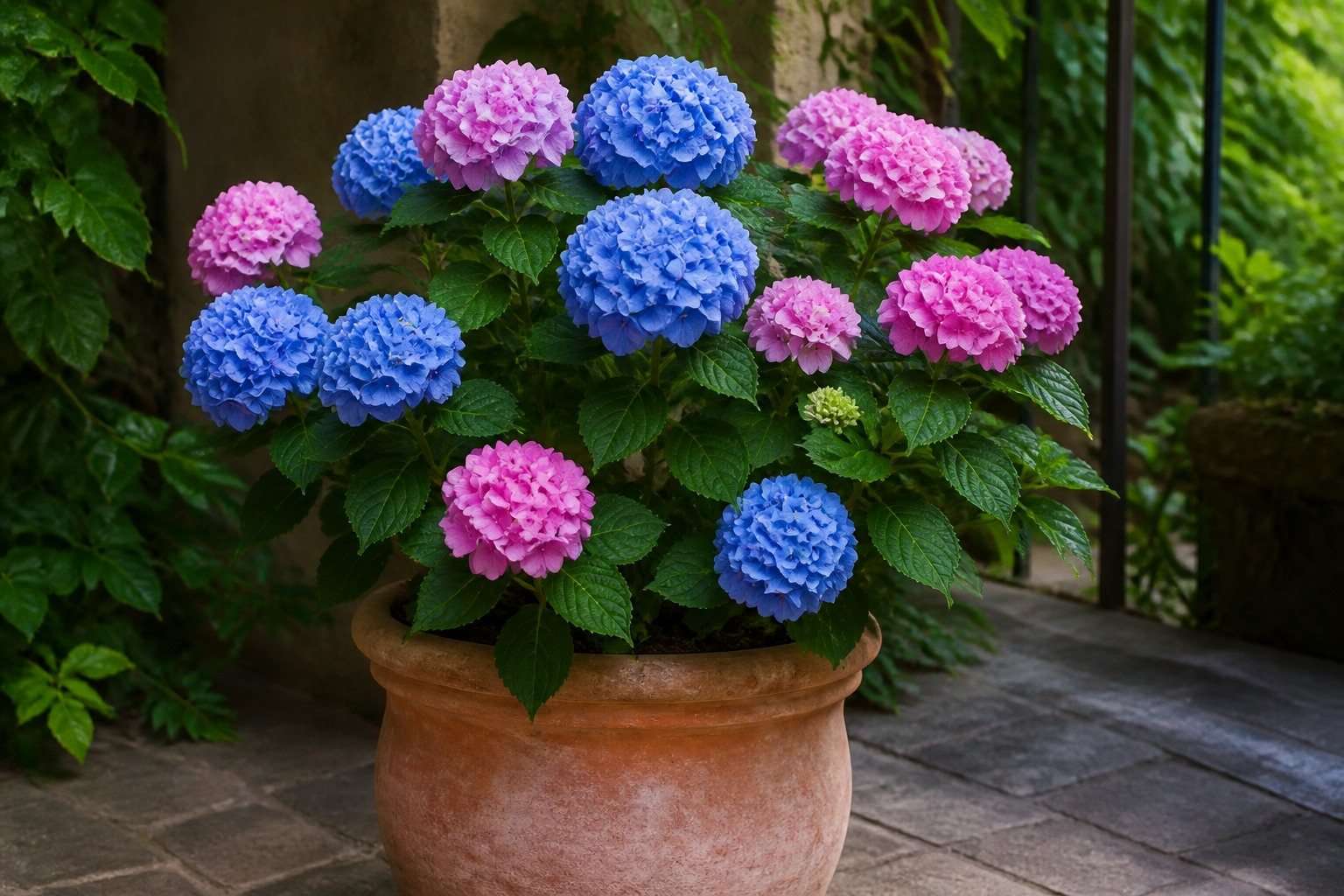 Hortensia azul vigorosa en una maceta grande sobre una terraza sombreada