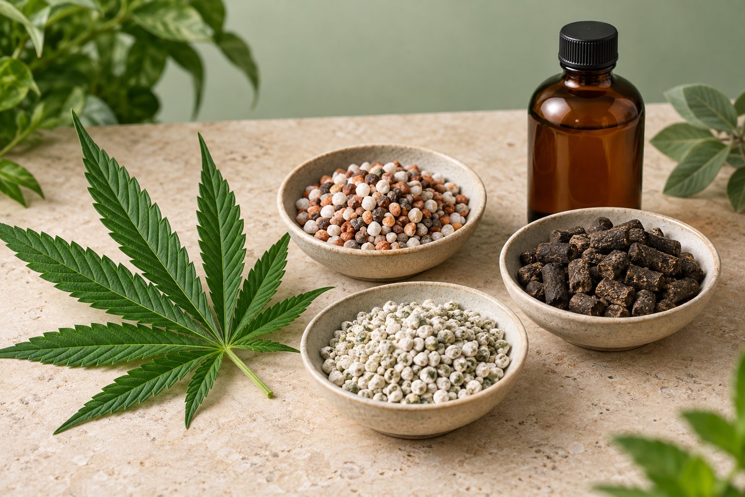 Hoja de cannabis junto a recipientes con gránulos y pellets y una botella ámbar sin etiqueta